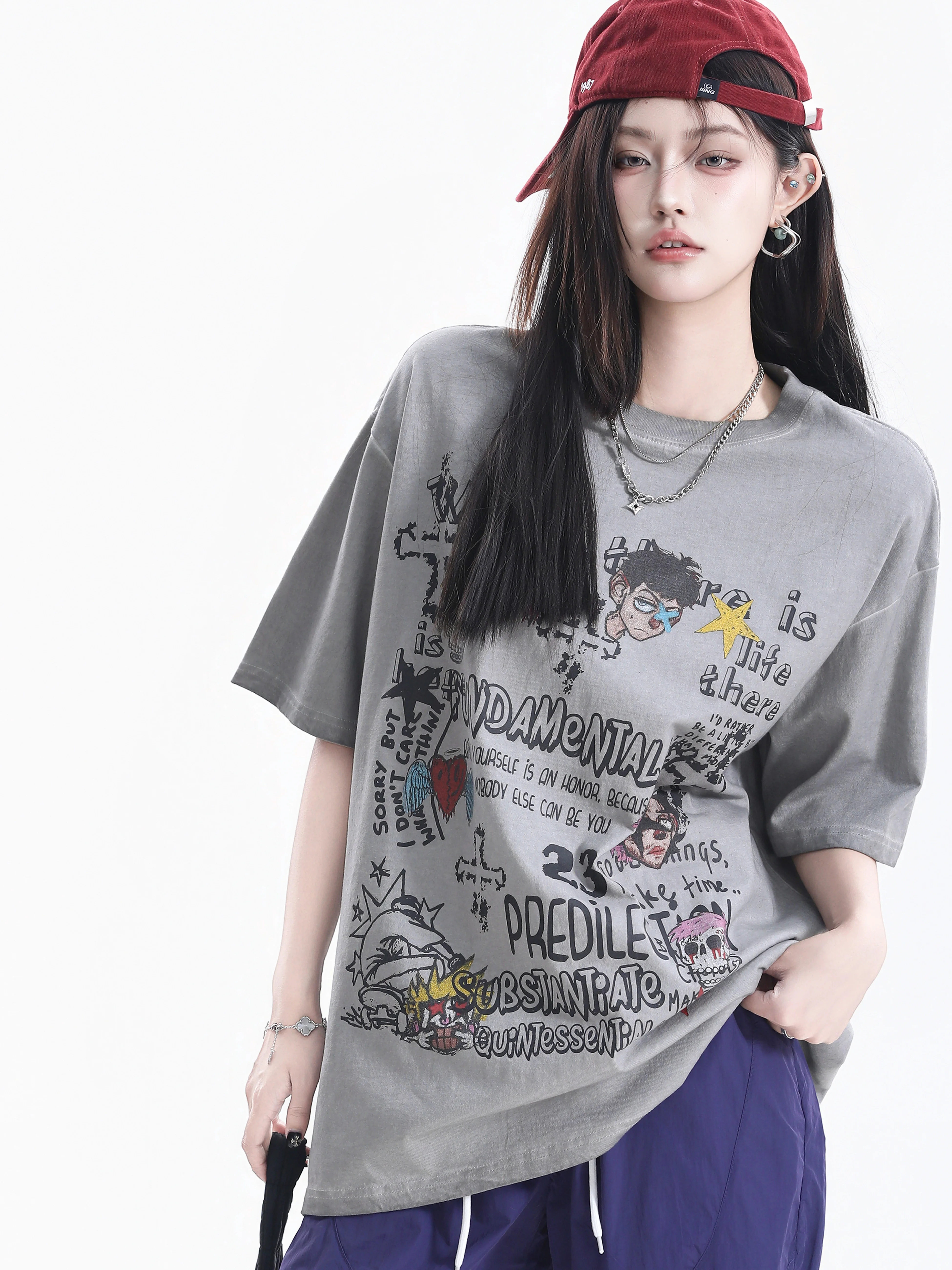 

American Style Retro Graffiti Portrait Print Oversize Streetwear Short Sleeve T Shirt for Women Universal Fit Couple's Tee