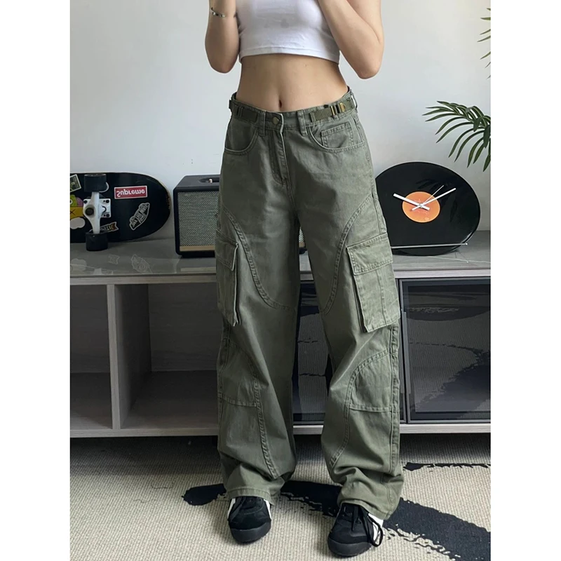 Yibashu feminino verde baggy y2k carga jeans grunge jean calças japandi estilo vintage 2000s harajuku calças jeans oversize roupas