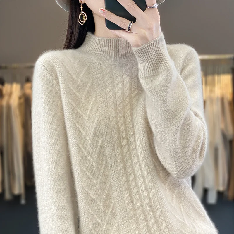 

LDZWSM 100% wool cashmere sweater women's sweater high-necked long-sleeved pullover for autumn and winter warm pullover top