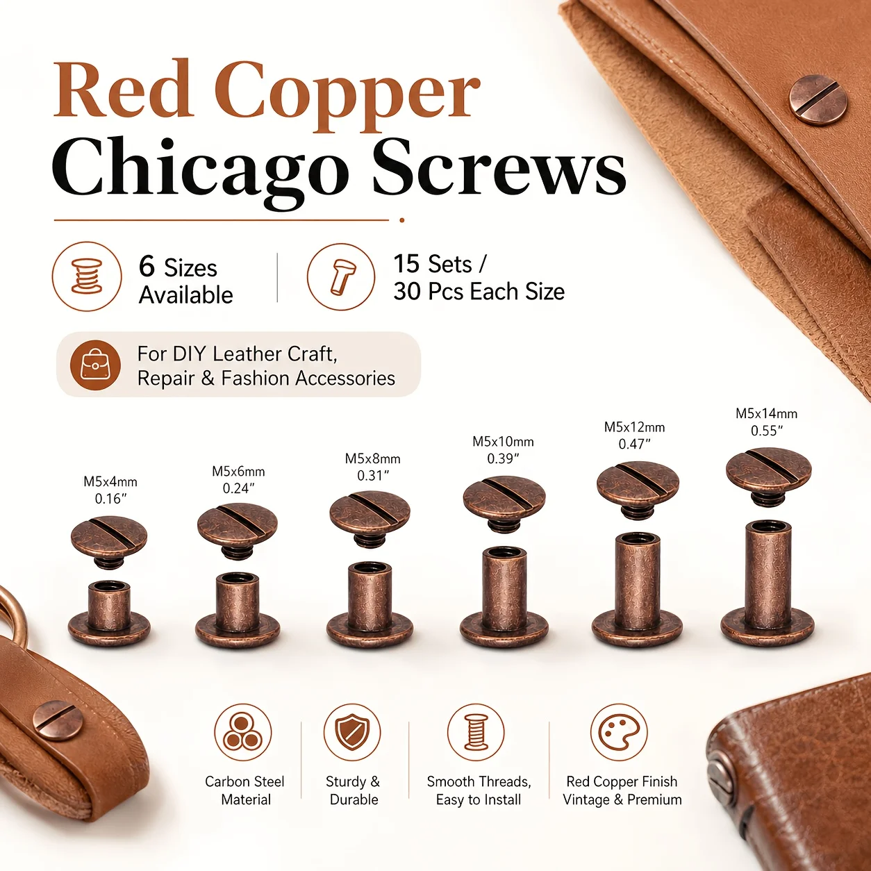 30 pieces/15 sets 4/6/8/10/12/14mm Chicago screw kit leather made buttons for DIY leather craftsmanship and book binding screws