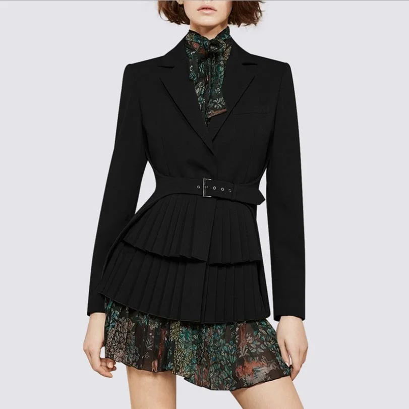 + HIgh blazer quality pleated printed pleate dress two pieces female long sleeve green color outwear with belt wq1424 dropship