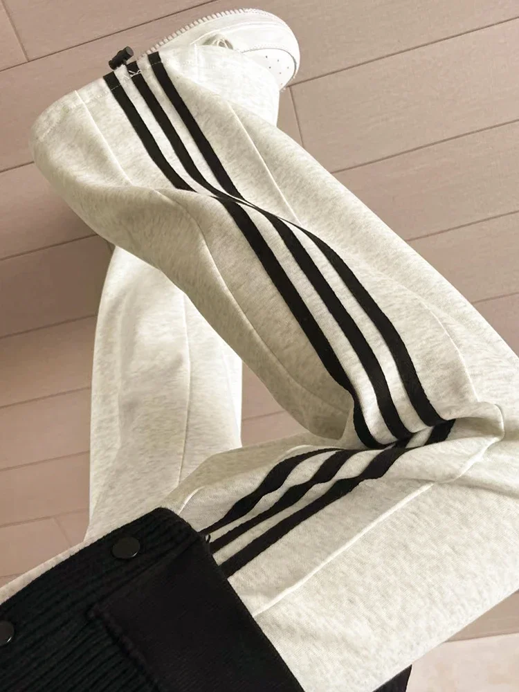 

White gray striped sweatpants female spring, autumn and winter new small wide-legged straight pants casual loose sweater pants