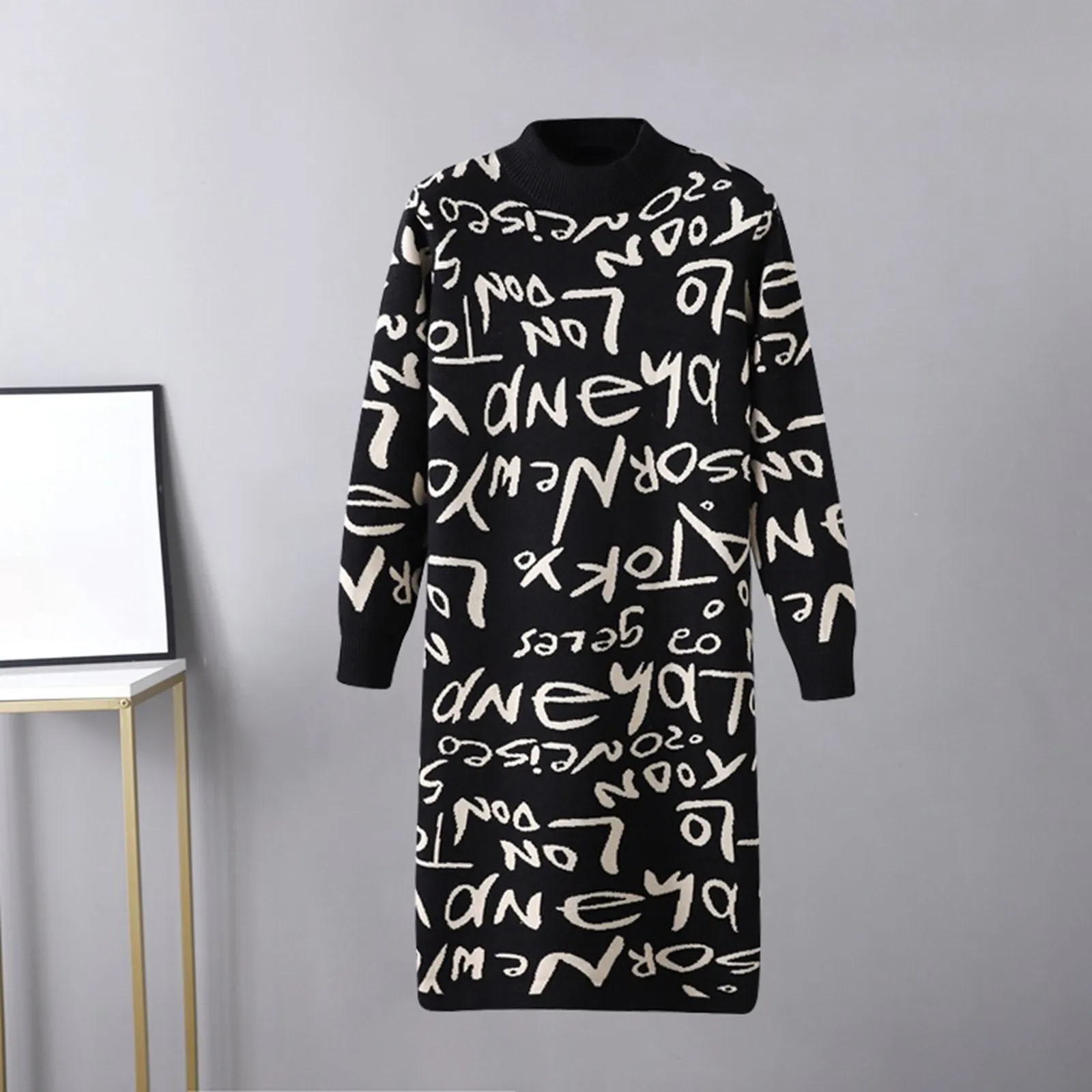 Women Long Sleeve Letter Graffiti Sweater Dress Casual Womens Dresses Autumn New Vintage Knit Pullover Knitwears Sweater Jumper