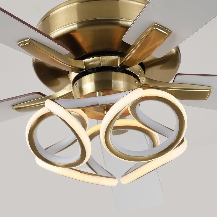 52 Inch Gold Ceiling Fans with Integrated Lights and Remote/APP Controlled RGB Color Changing LED Lighting 6-Speed Reversible D