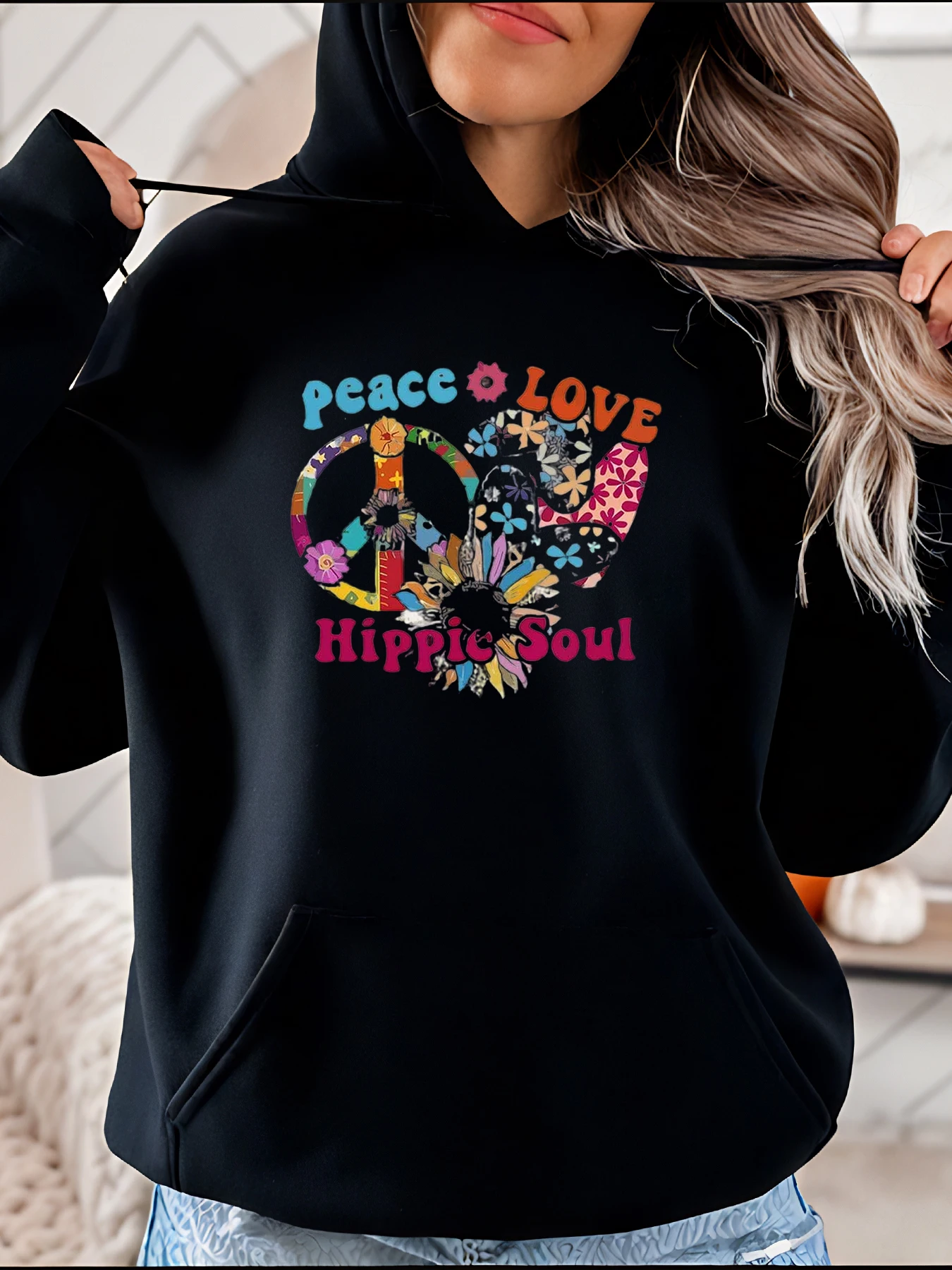 Peace Love Hippie Soul パーカー 花柄ピースサインプリント レディース カジュアル スウェットシャツ ボヘミアンスタイル ファッション 女性用