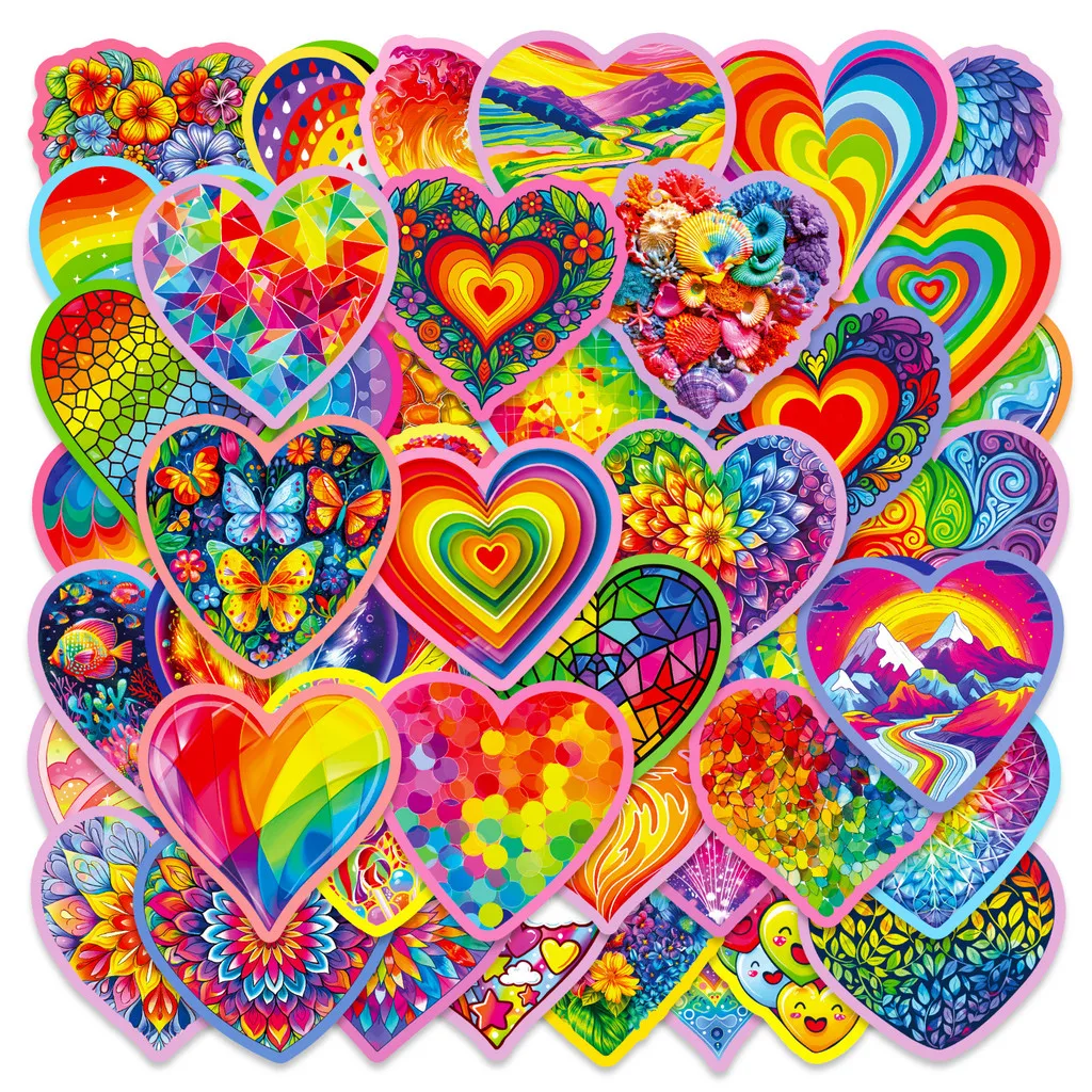 56Pcs New Rainbow Heart Art Stickers Floral Glitter Heart Decals for Journal DIY Giajar Sticker Store