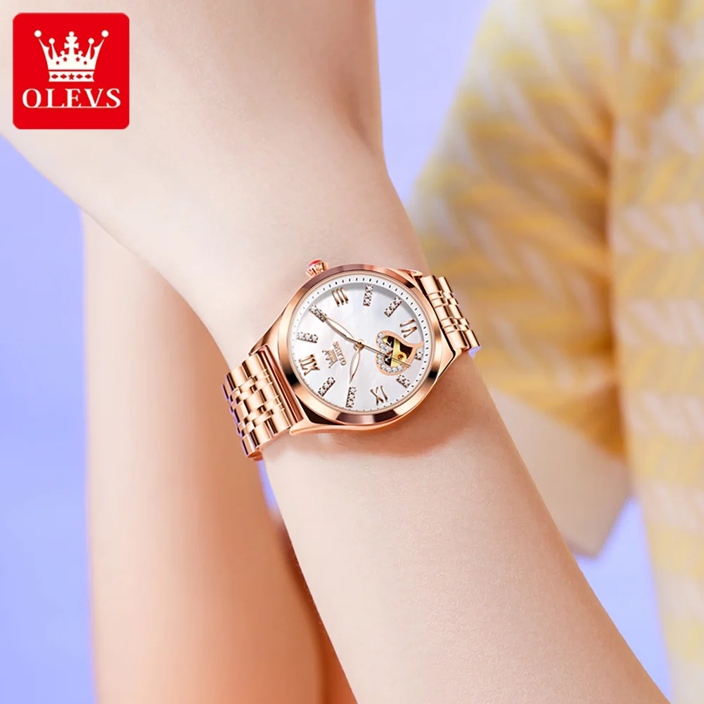 OLEVS 6636 오리지널 기계식 시계, 자동 무브먼트 러브 다이얼 시계, 여성용 방수 야광 시계