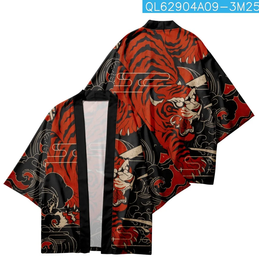 

Japanese Tiger Print Cardigan Clothes Yukata Samurai Costume Men Haori Obi Beach Kimono Streetwear Jacket