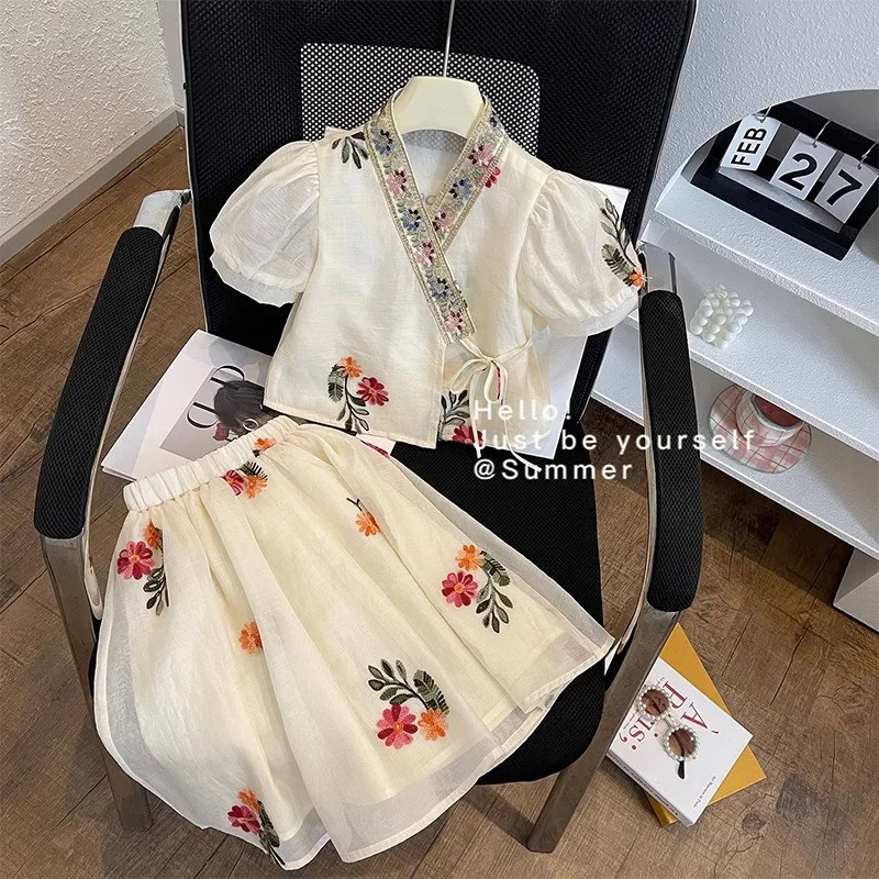 

New girls' summer set ethnic children's Hanfu short sleeved top+skirt two-piece set