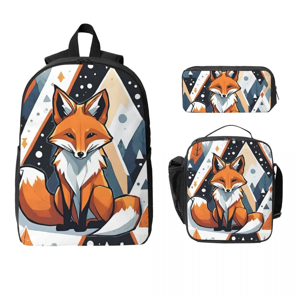 Smiling Geometric Fox Backpack Student Boys Girls BookBag School Bag Computer Shoulder Bags 3ps Insulated Lunch Bag Pencil Case