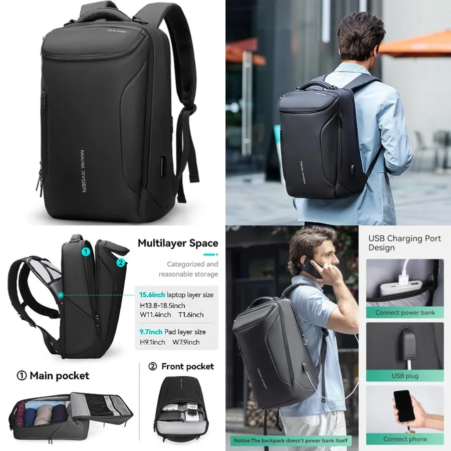 

Business Backpack for Men, 17.3 Inch Tech Waterproof Laptop Backpack with USB Charging Port, Professional Work Backpack for Tra