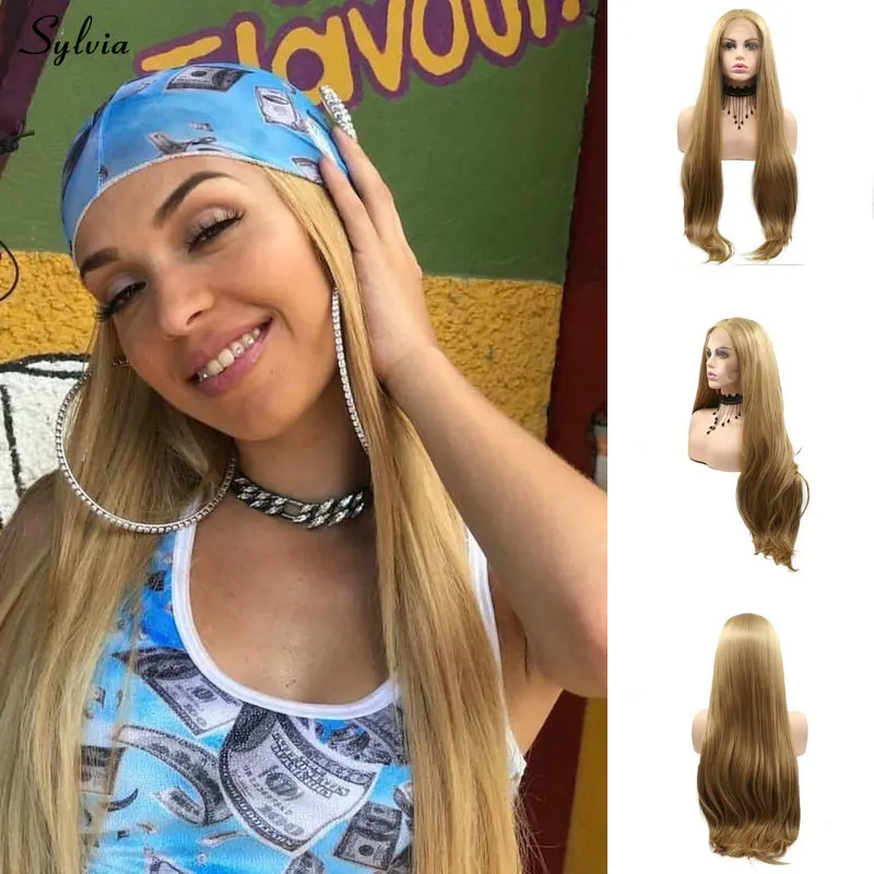 

Sylvia 24" Blonde Synthetic Lace Front Wigs for Women 27# Blonde Heat Resistant Fiber Hair Replacement Daily Wigs Cosplay Party