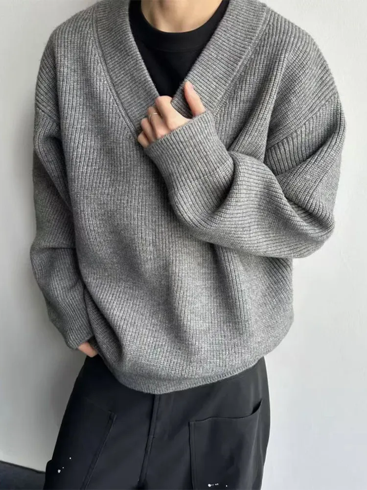 

American Retro Grey V-Neck Men's Sweater Winter Trend Lazy Knitted Shirt Jacket Layering Base Shirt Casual Style Long Sleeve