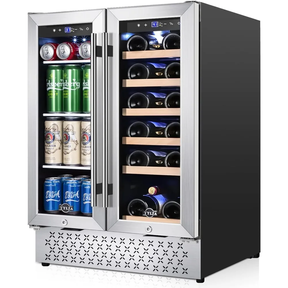 Wine and Beverage Refrigerator 24 Inch Dual Zone, French Door Wine and Beverage Cooler 24'' Built-In or Freestanding Drink