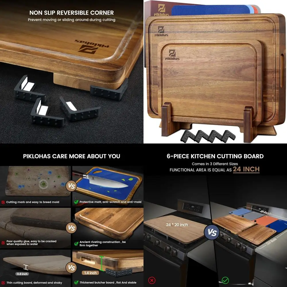 

7-Piece Acacia Wood Charcuterie Set with Holder, Non-Slip Feet, and Juice Groove for Kitchen Use