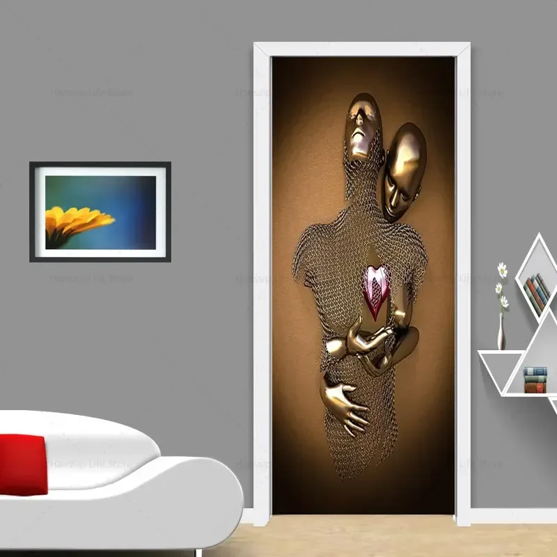 Golden Figure Statue Door Sticker Romantic Abstract Couple Metal Wallpaper Home Decor 3D Self-adhesive Bedroom Living Room 