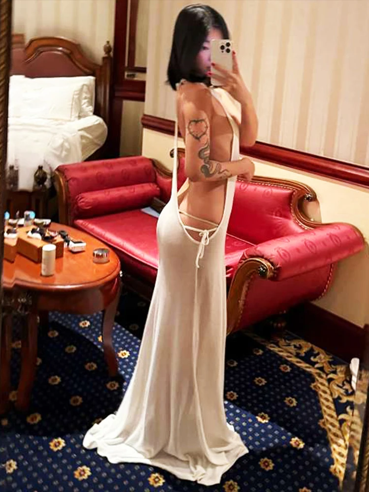 Cutenew – robe fine dos nu pour femmes, fente latérale, col licou, sans taille, à lacets, Sexy, plage, vacances, extensible, Slim, Clubwear, été