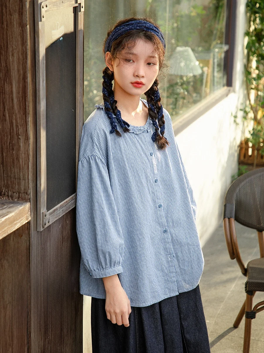 

Original Blue White Plaid Cotton irt Women's Casual Long Sve Floral Collar Top for Autumn Season Breathable Comfort...