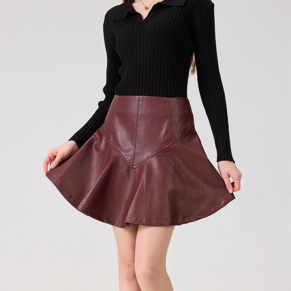 

2026 Winter Women's Leather Skirt, Faux Leather, Ruffled, High-Waisted, Women's Mini Skirt, Y2K New Fashion, Party Mini Skirt