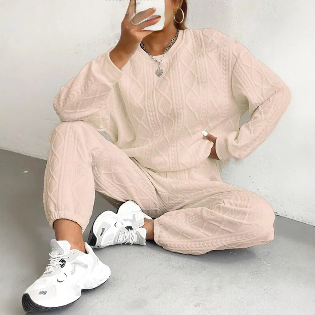 Conjunto de dos piezas de pantalones para mujer, pantalones de cintura elástica, Tops de manga larga con cuello redondo, jersey con empalme, informal, liso, otoño 2025