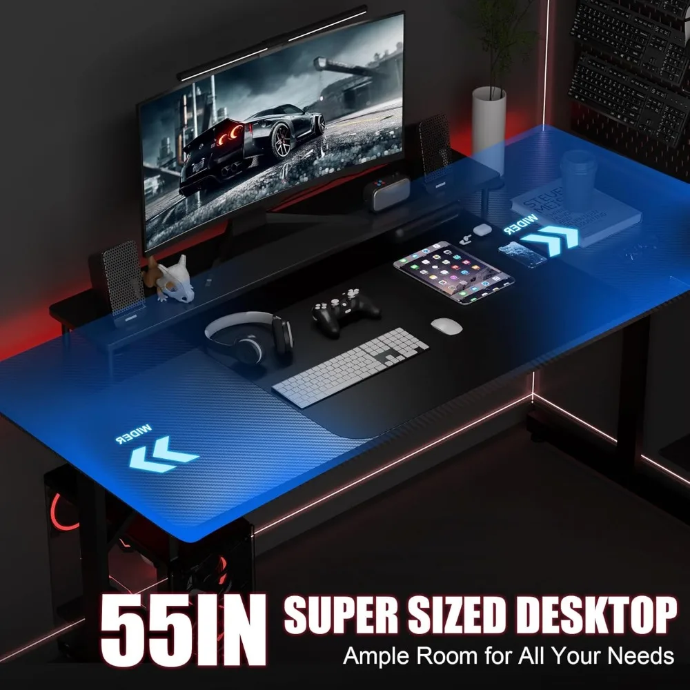 55 Inch Gaming Desk with LED Lights, Carbon Fiber Surface Computer Desk with Mouse Pad and Headphone Hook for Home Office