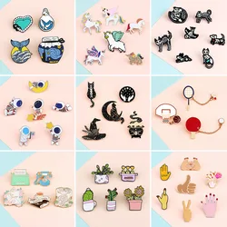 3~7pcs/set Cartoon Cat Brooch Astronaut Potted Plant Hand Horse Basketball Enamel Pins Lapel Badges Animal Jewelry Gift for Kids