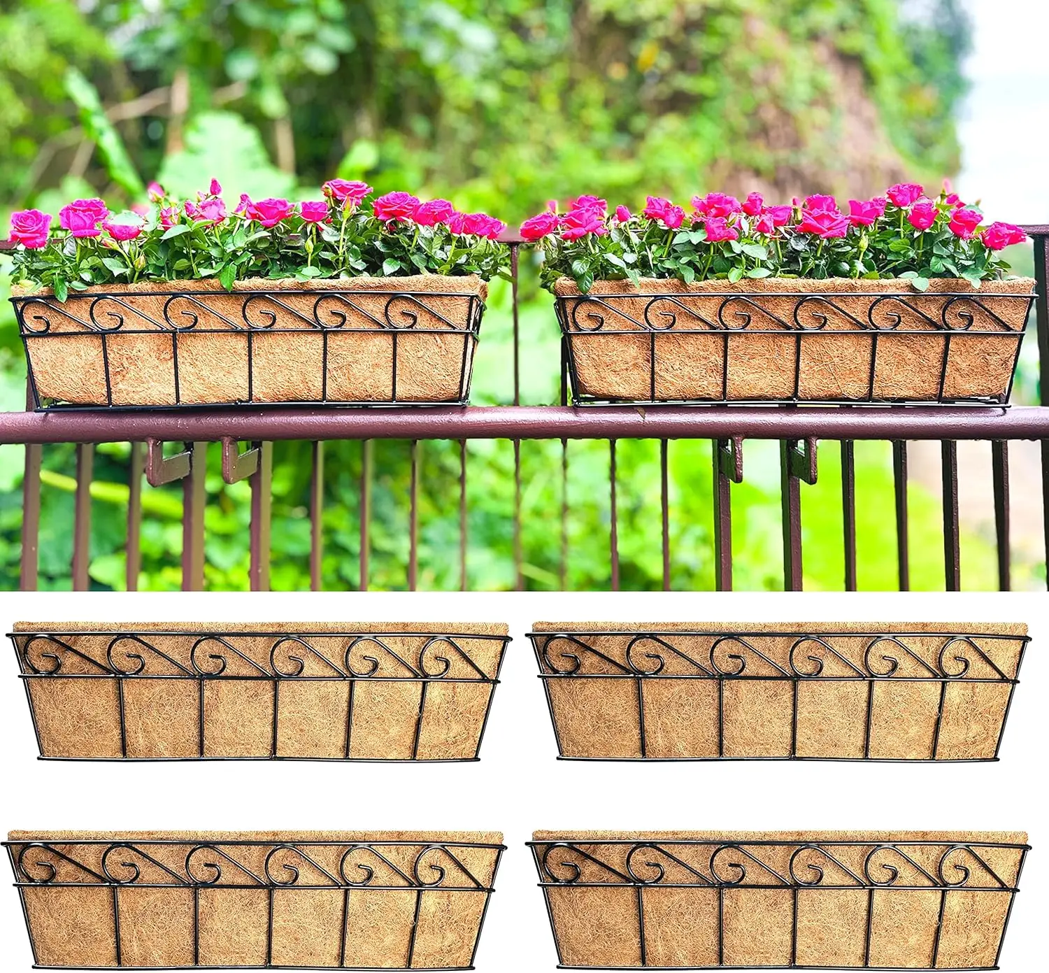 

24 Inch Wall Mounted Planters, 4 Pack Window Flower Boxes with Coco Liners, Metal Balcony Rail Planter for Outdoor Patio