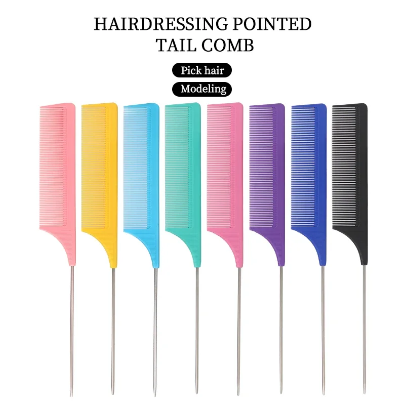 Colorful Fine-Tooth Comb Metal Pin Anti-Static Hair Style Rat Tail Comb Hair Salon Professional Combs Hair Dye Brush Comb