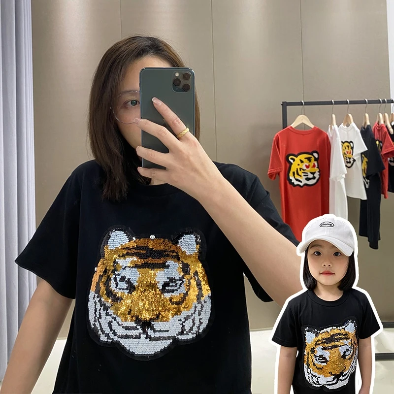 

Blingbling блестки Тигр Панда Семейные одинаковые наряды семья три летняя футболка для мамы мальчика девочки семейный образ одежда Повседневная