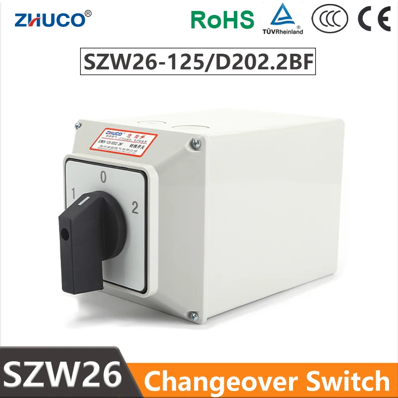 ZHUCO SZW26/LW26-125 125A 2Pole 8 Screw 3 Position Cam Generator Rotary Changeover Switch With Waterproof And Dustproof Seal Box