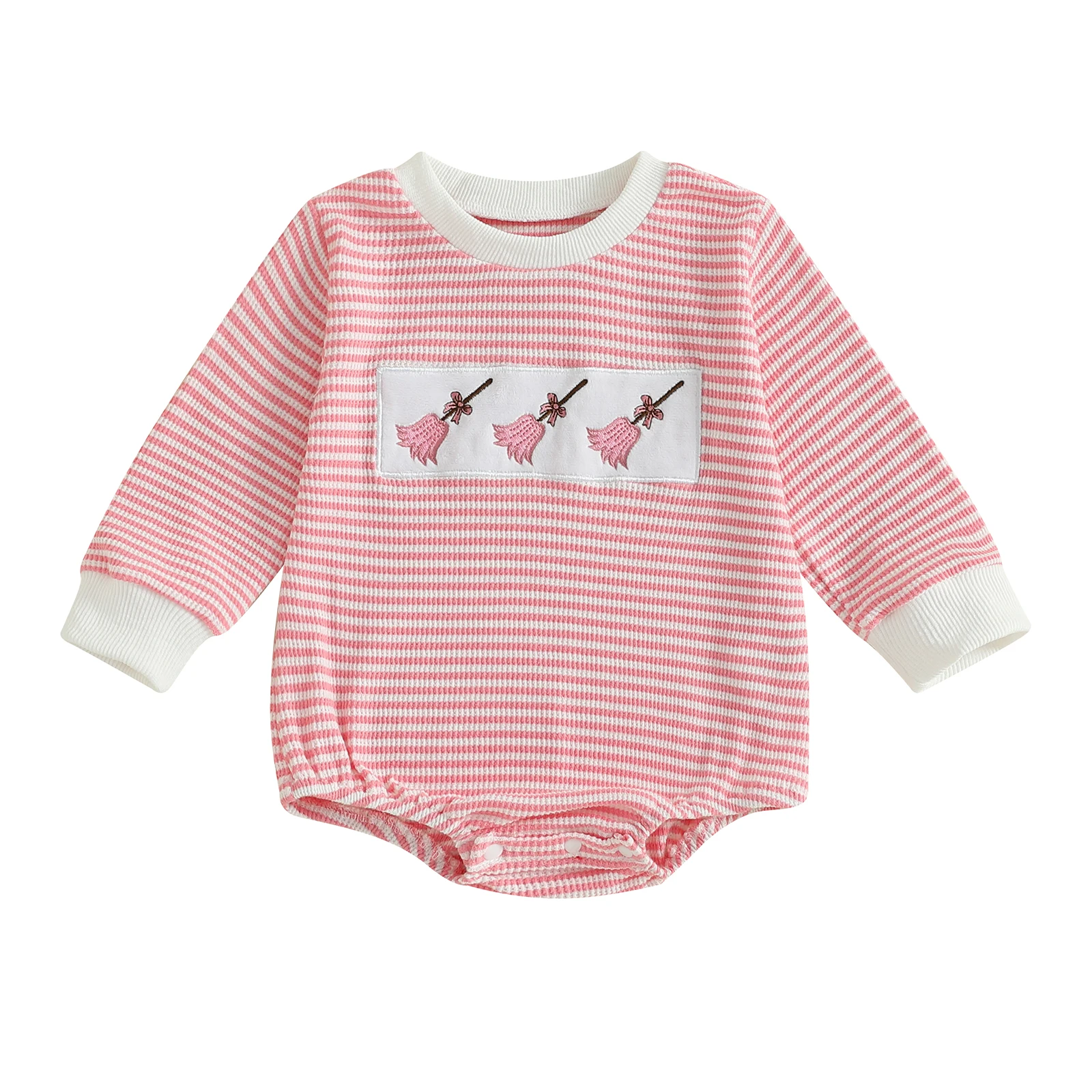 

Baby Girl Striped Sweatshirt Romper Broom Embroidered Long Sleeve Bodysuit Cute Halloween Clothes