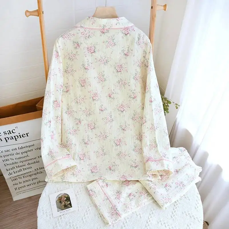 

Pama Set For Women's Autumn Sleeved Long Pants Cotton Wrinkled Cloth Cute Sweet Girl Style Floral Printing Home Pijamas
