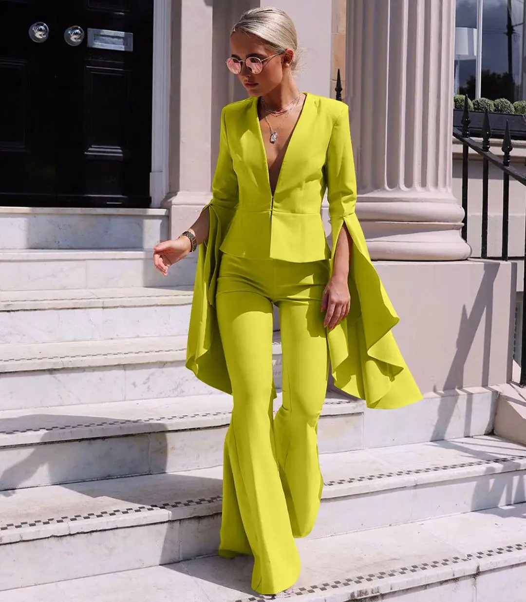 2021 Women Flare Pants Suits V-Neck Solid Colors Casual Office Blazer Set Fashion Irregular Ruffles Sleeve Blazer Two Piece Set