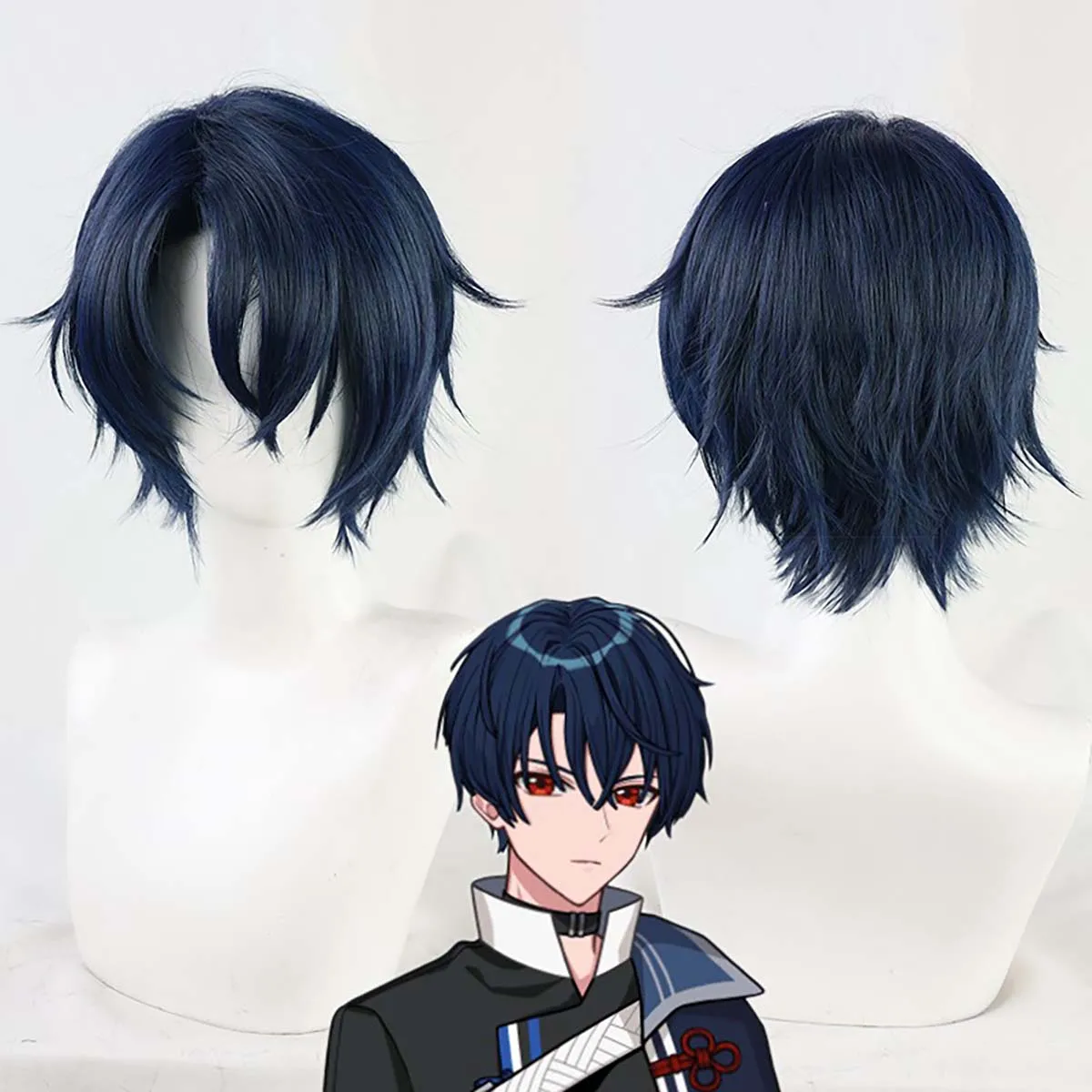 Men Promise of Wizard Shino Cosplay Wig Dark Blue Short Spiky Hair Heat Resistant Synthetic Hair Wig for Anime Cospla