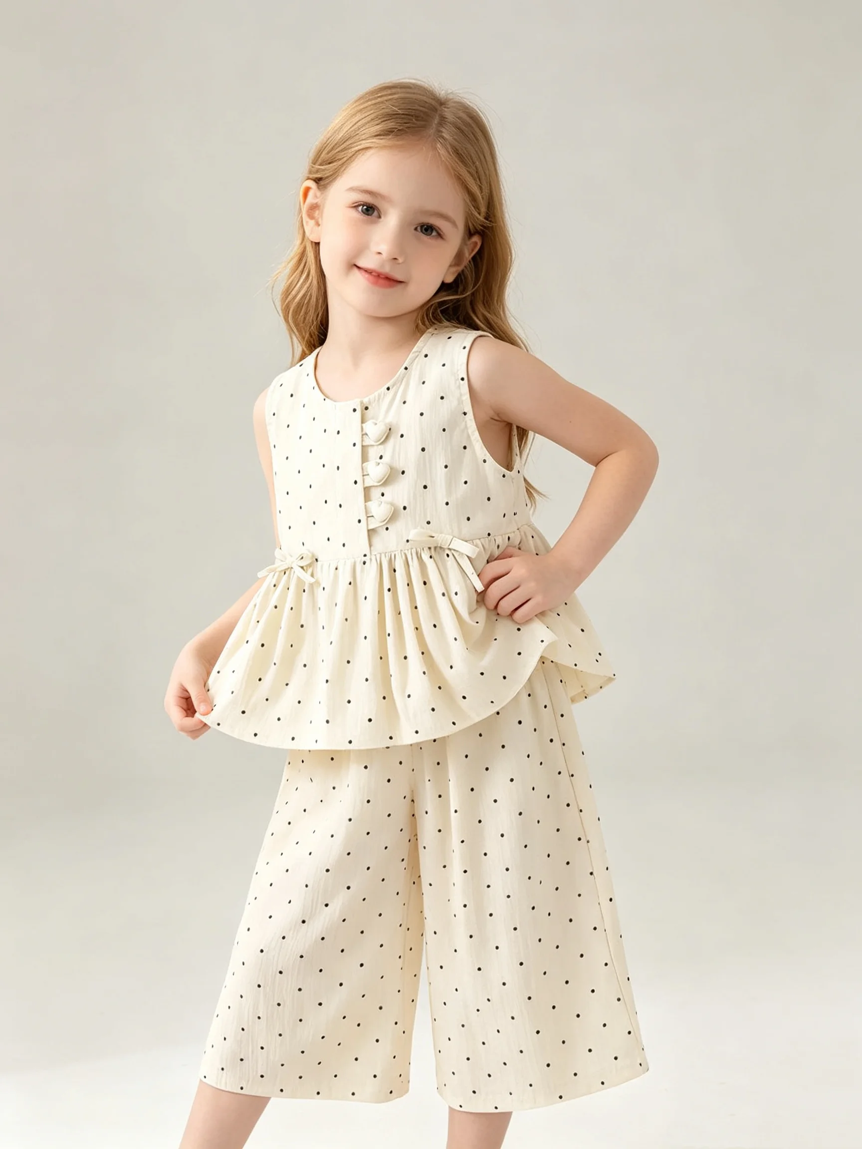 Girls Cream Polka Dot Peplum Top And Wide Leg Pants Set Sleeveless Heart Button Placket Ruffle Hem Elastic Waist Casual Slim Fit