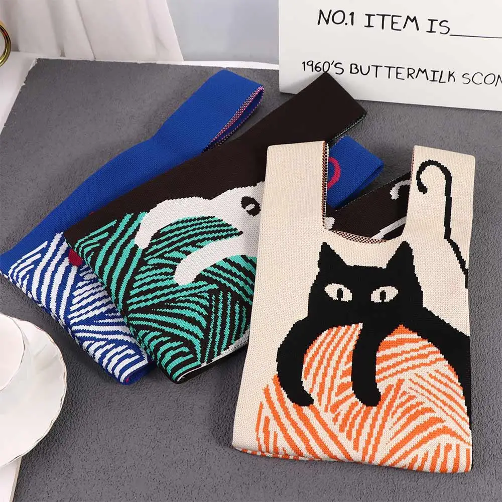 Travel Weave Large Capacity Cosmetic Bag Cartoon Shopping Bag Ethnic Style Shoulder Bag Wrist Bag Knitted Bag Women Handbag