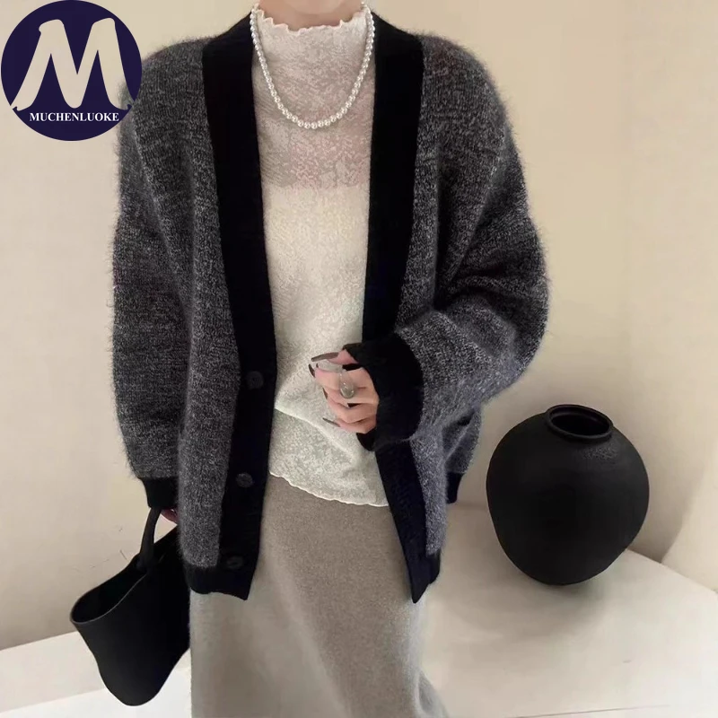 

Свитер для женщин, осень-зима, новый элегантный лоскутный цветной вязаный свитер, пальто, корейский модный повседневный свободный теплый кардиган