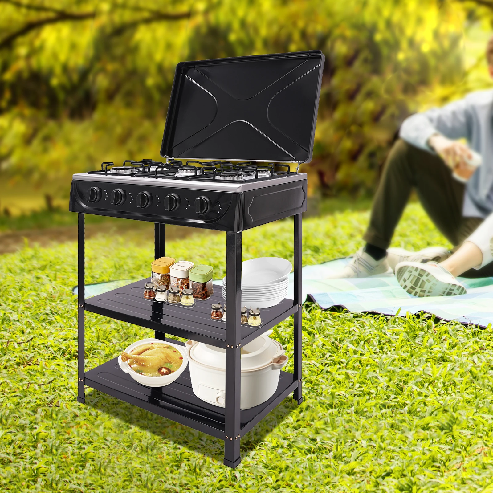 موقد غاز طبيعي محمول إشعال يدوي مع 5 شعلات وغطاء حجب الرياح للتخييم وصيد الأسماك والأنشطة الخارجية للسفر في الهواء الطلق