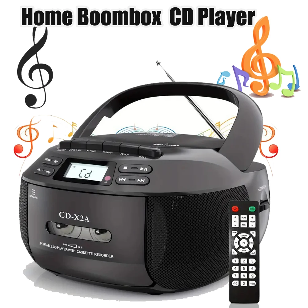 Portable CD Player Bluetooth Speakers Boombox Cassette AM FM Radio AUX USB MP3 Plays with Remote Control Support AC/DC Powered