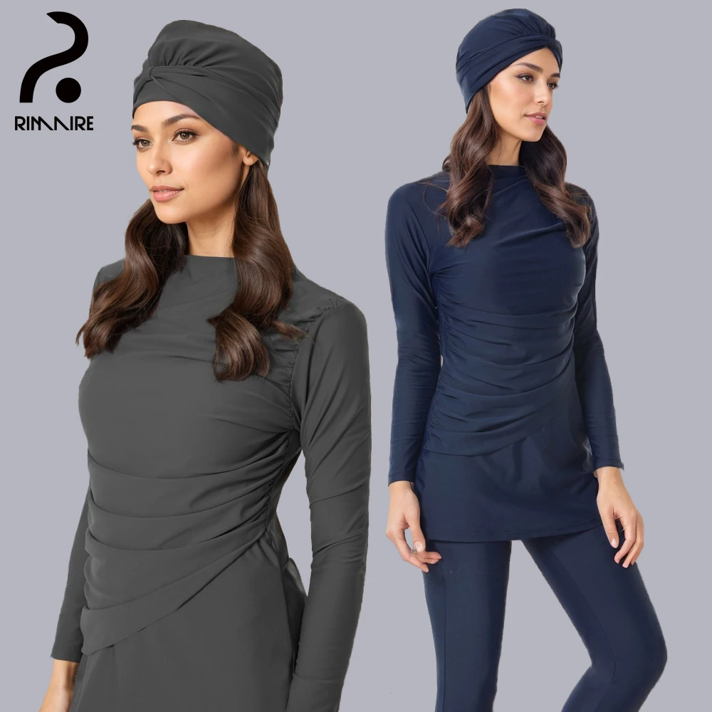 Muslim Long Sleeve Swimwear Burkini Set Classic Soft Swimming Hijab Head Cover Hat Pant Suit Ladies Islamic Bathing Swim RIMAIRE