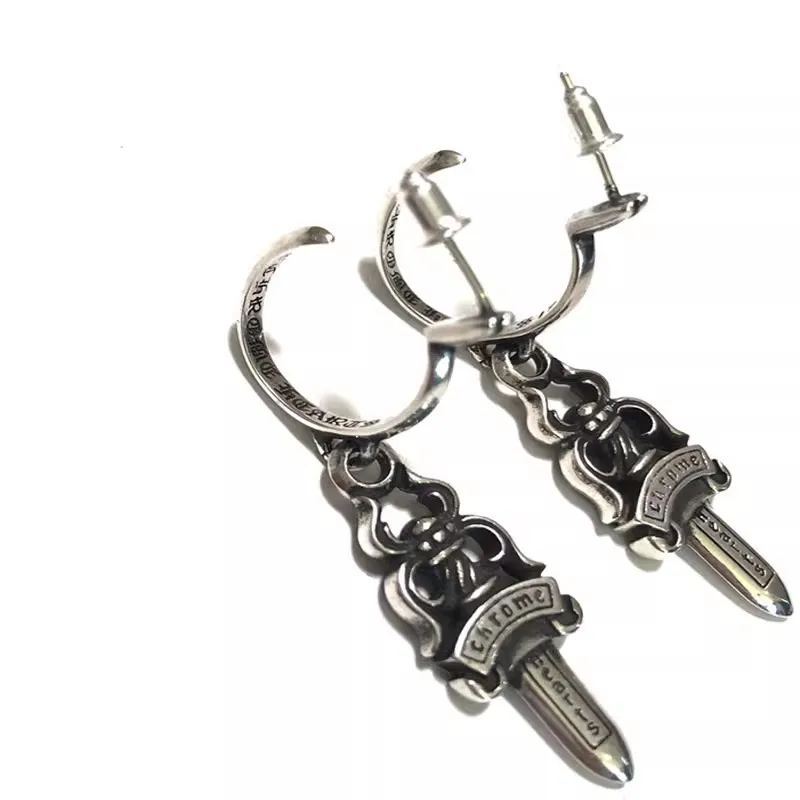 European and American nightclubs hip-hop sword earrings large ring pendant earrings trendy personality pure silver retro earring