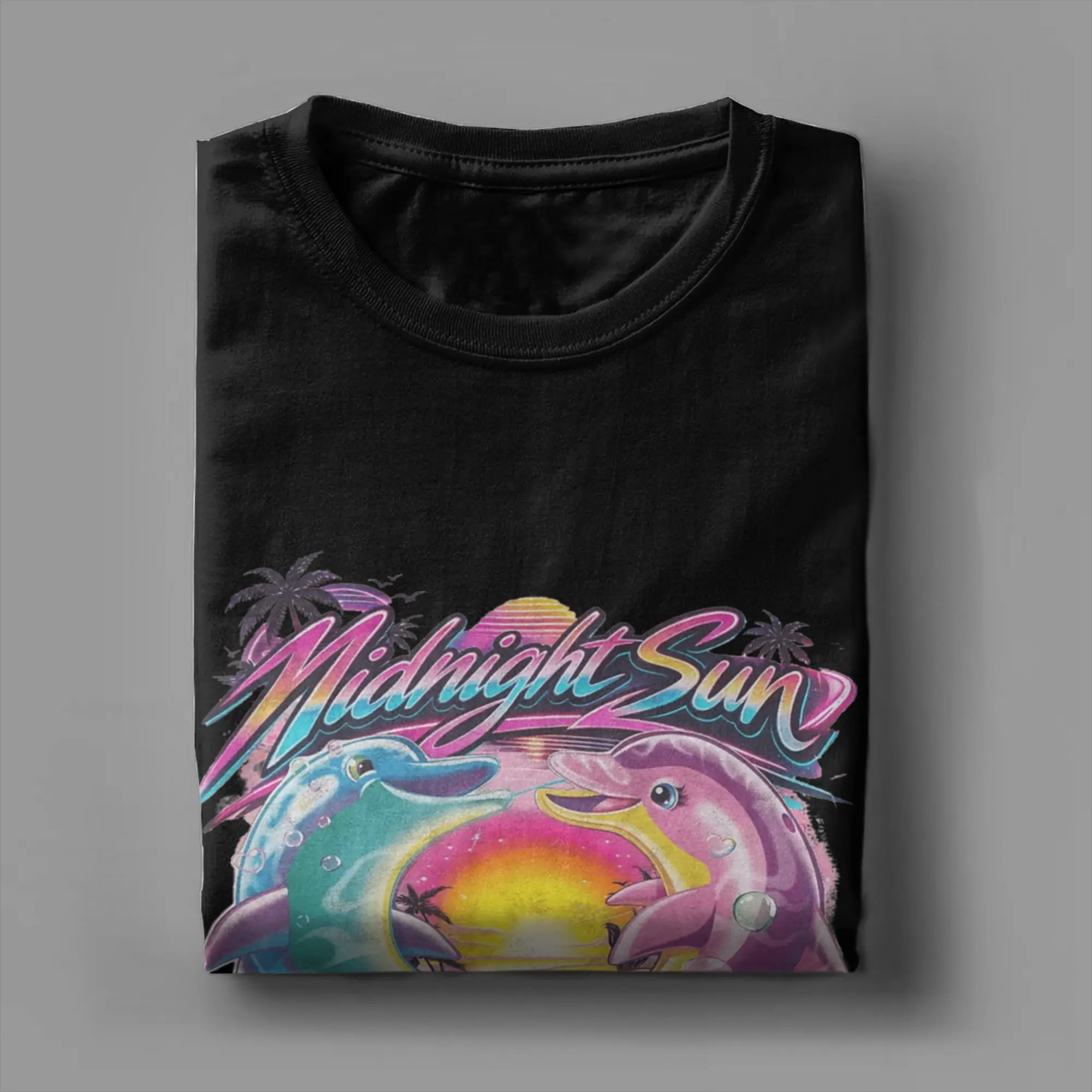 Vintage Retro Midnight Sun Dolphin Graphic Cotton T-Shirt For Men's Summer  Y2K Basic T-Shirts Hippie Tee Shirt Big Size Clothes