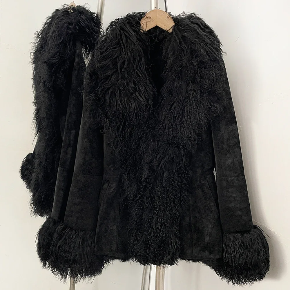 OFTBUY New Winter Warm Curly Mongolia Sheep Fur Jacket Women Vintage Shearling Coat Slim Faux Suede Real Rabbit Fur Clothing
