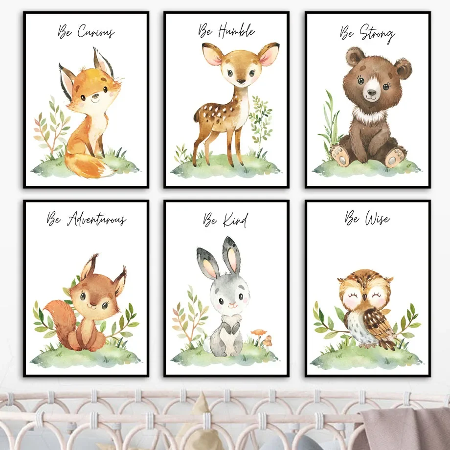 Woodland Aniamls Baby Fox Bear Deer Rabbit Nursery Art Canvas Painting Cartoon Posters Prints Wall Pictures Kids Room Decor