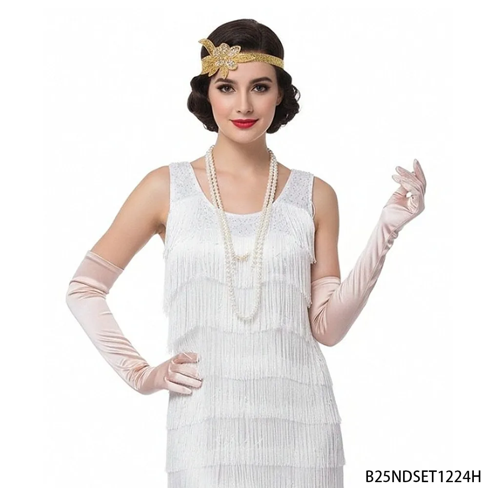 PESENAR 1920s gold leaf outfit three piece set, including headband, pearl necklace, and soft pink long gloves.