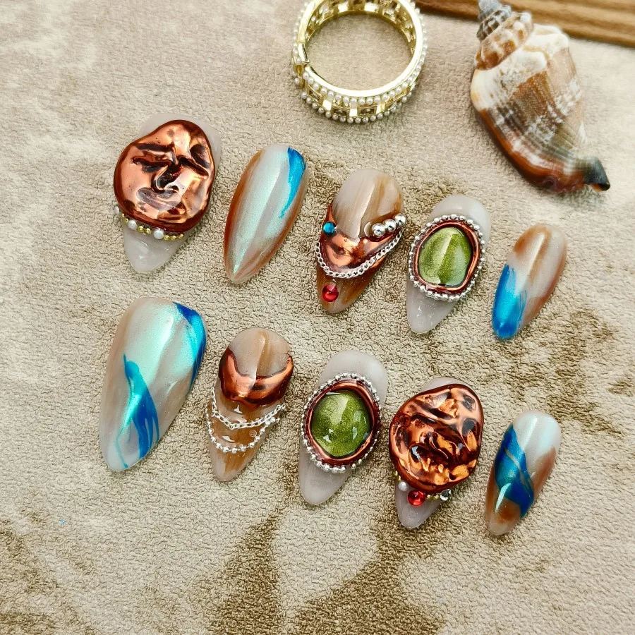 

10шт накладные ногти, разноцветные размазанные искусственные ногти, металлические клейкие накладные ногти, наклейки на ногти, накладные ногти.