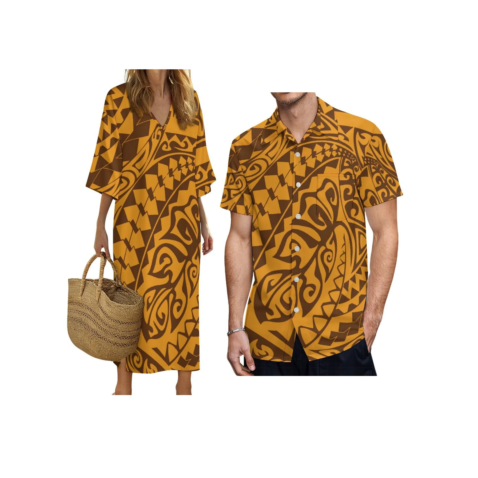 プリントオンデマンドの新しいポリネシアンアイランドデザインVネックレディースドレスとアロハメンズ半袖シャツのカップル服