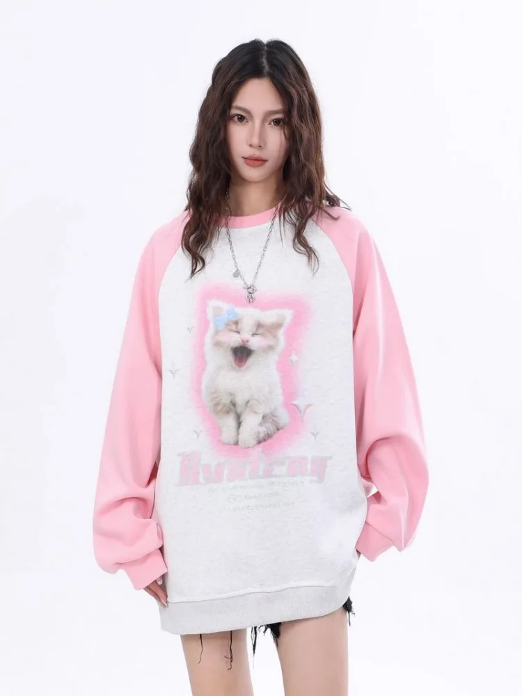 ADAgirl Kawaii Cat Print Sweatshirt Kitty Graphic Long Sleeve Tops Anime Oversized Hoodie Cutecore Autumn Winter Clothes Women