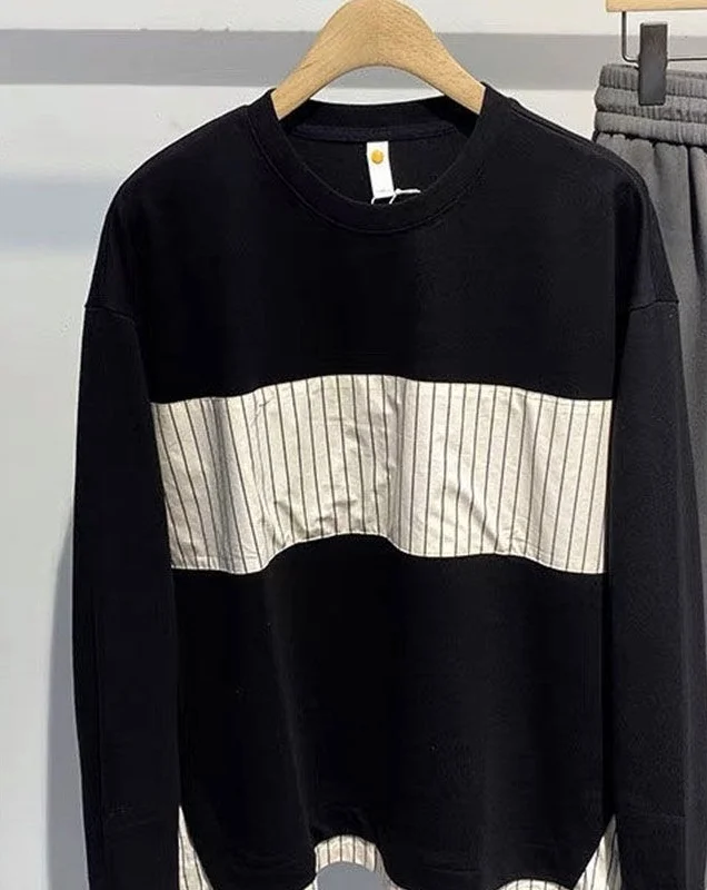 

Spring and Autumn Fashion Patchwork Round Neck Ruffled and Handsome Striped Fake Two-piece Versatile Loose Casual Men's Sweater