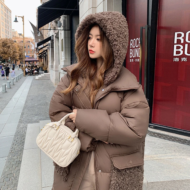 Women\'s Mid-length Hooded Cotton Jacket Winter Thickened Warm Lamb Wool Splicing Cotton-padded Outerwear Ladies Loose Snowsuit